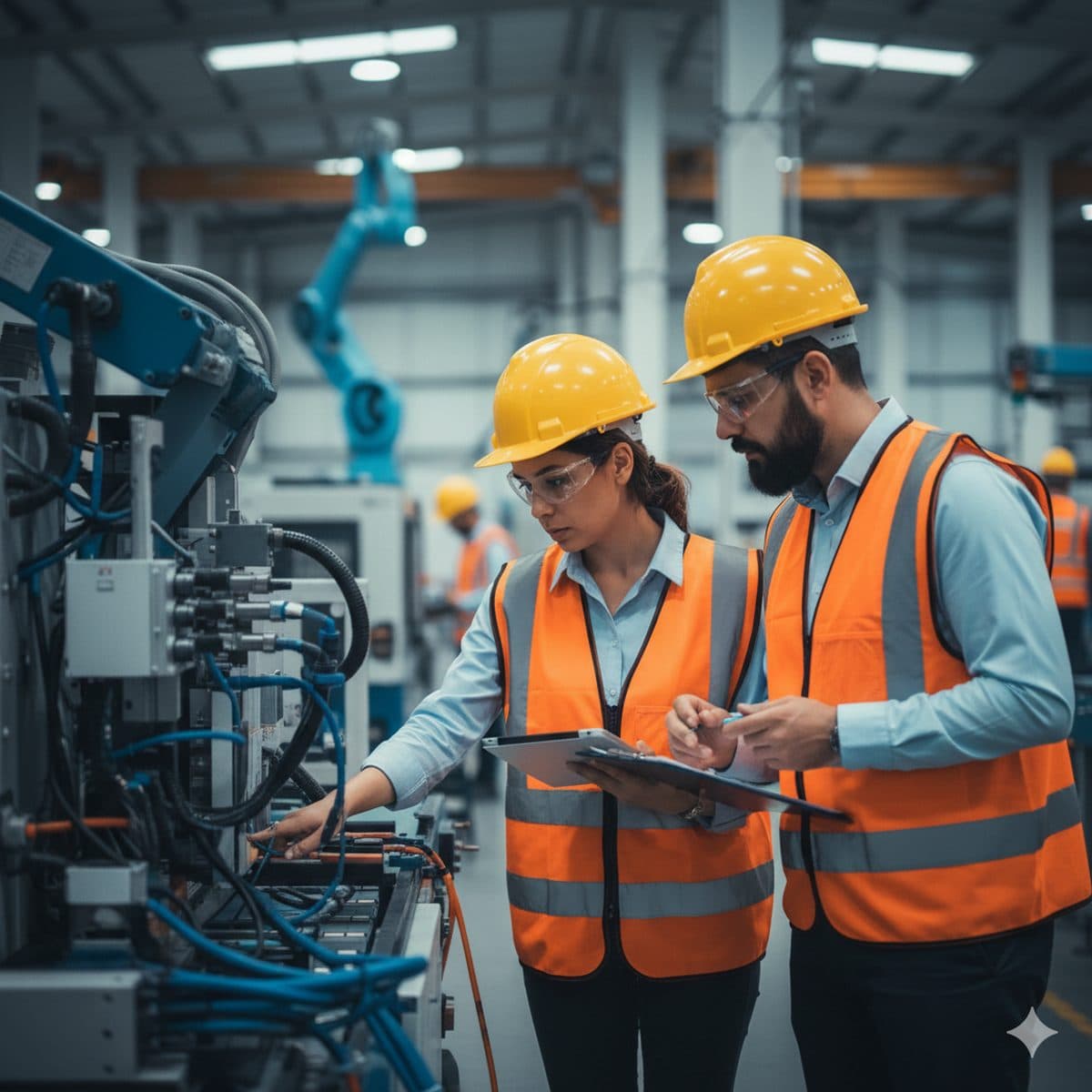 Equipo industrial revisando cumplimiento de seguridad en planta